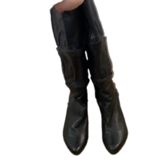 Messeca Black Leather Knee High Tiered Adjustable Heeled Boots 90's  (Size 6.5M) - Picture 4 of 14